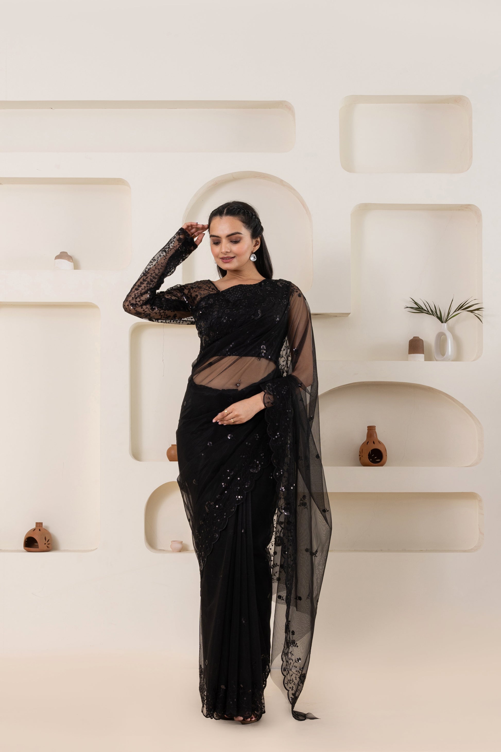 AIzaSyBcstauz-XMPRhEY21AUzeo032pxrXB5Ug - Black Embroidery Saree Set (Saree With Blouse Piece)
