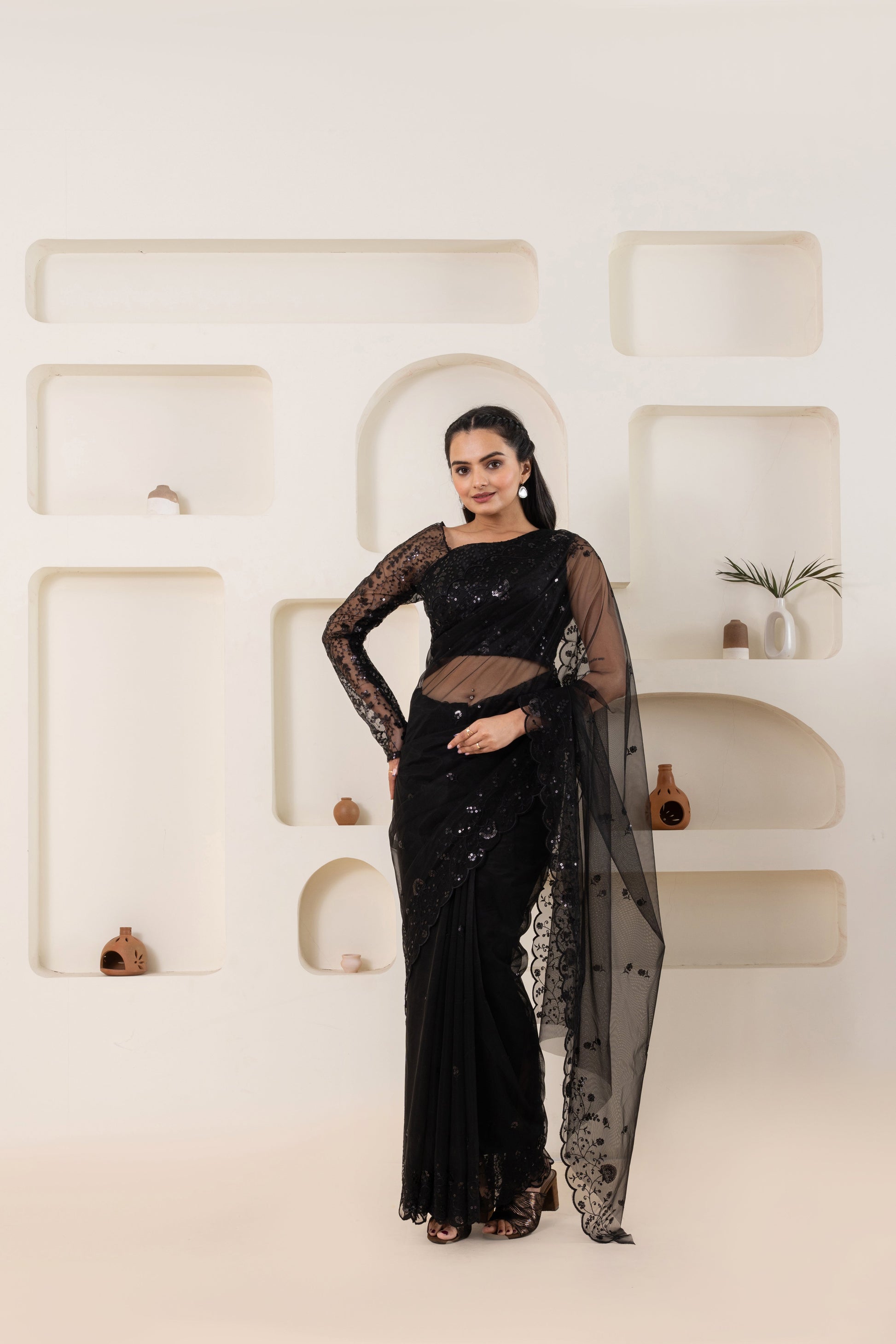 AIzaSyBcstauz-XMPRhEY21AUzeo032pxrXB5Ug - Black Embroidery Saree Set (Saree With Blouse Piece)