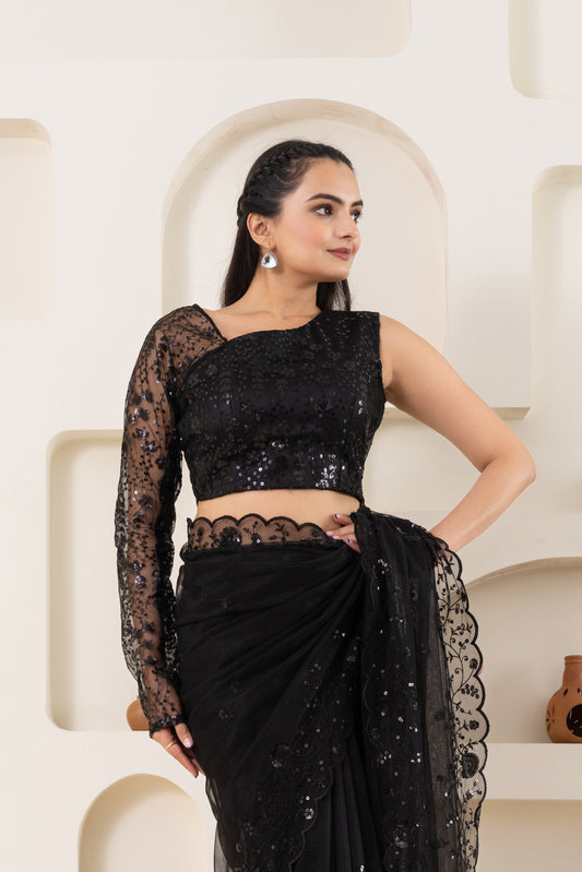 AIzaSyBcstauz-XMPRhEY21AUzeo032pxrXB5Ug - Black Embroidery Saree Set (Saree With Blouse Piece)