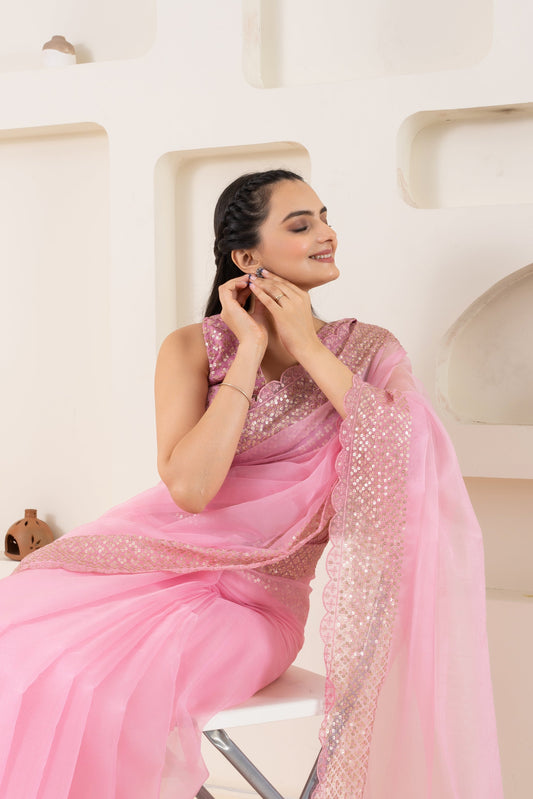 Pink Embroidery Saree Set (Saree With Blouse Piece)