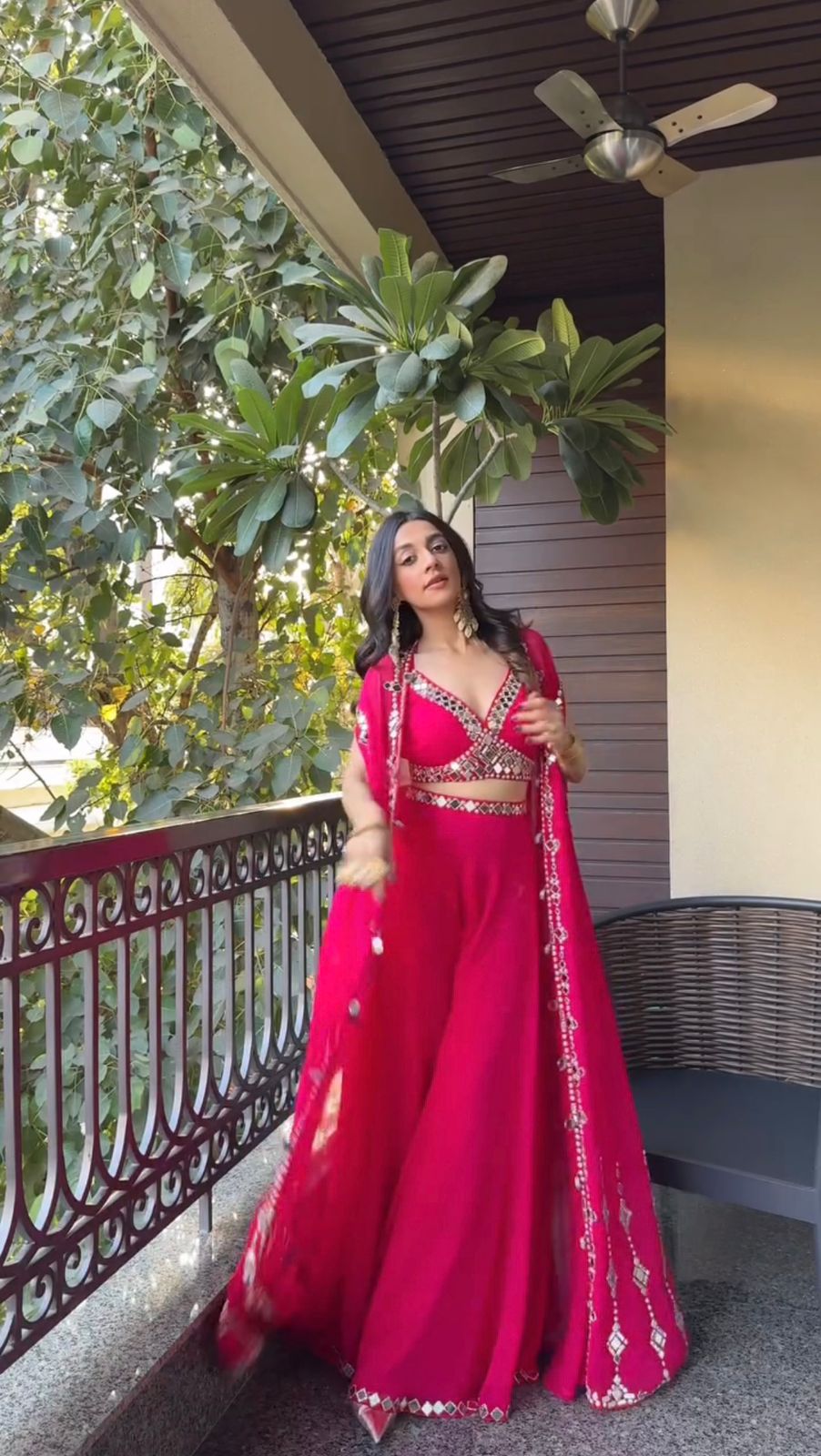 Classy Pink Draped Palazzo & Mirror Work Blouse With Cape