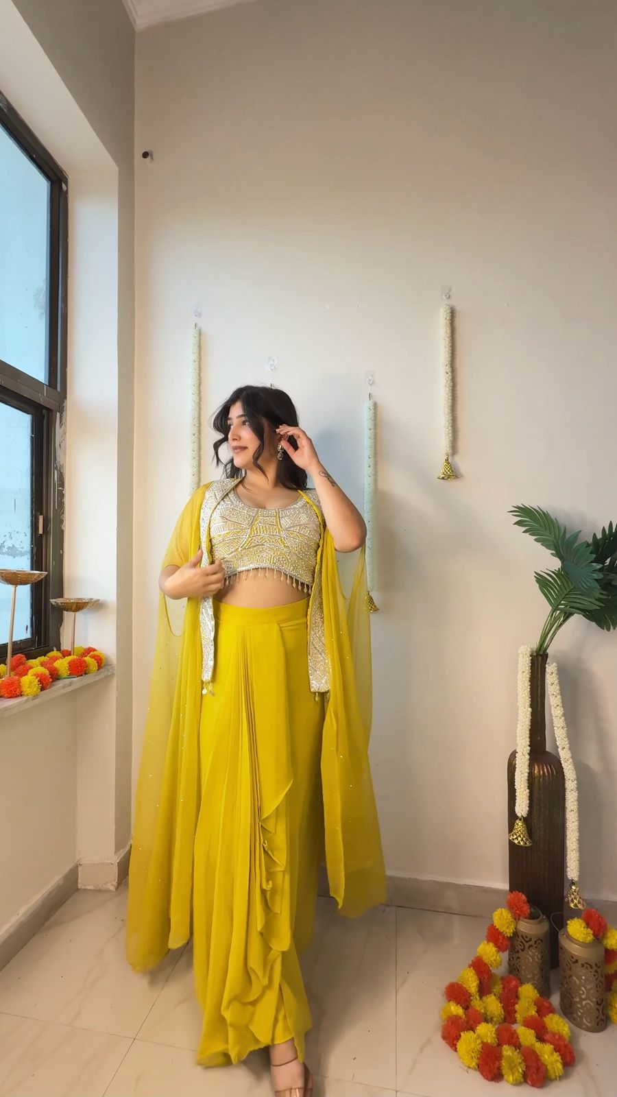 Avril mustard yellow cape and draped Plated Skirt With Blouse And Koti