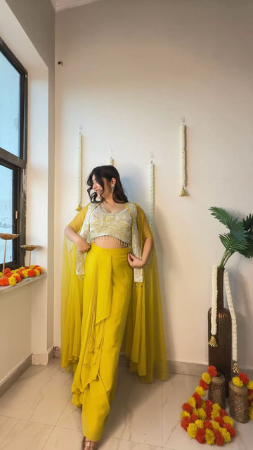 Avril mustard yellow cape and draped Plated Skirt With Blouse And Koti