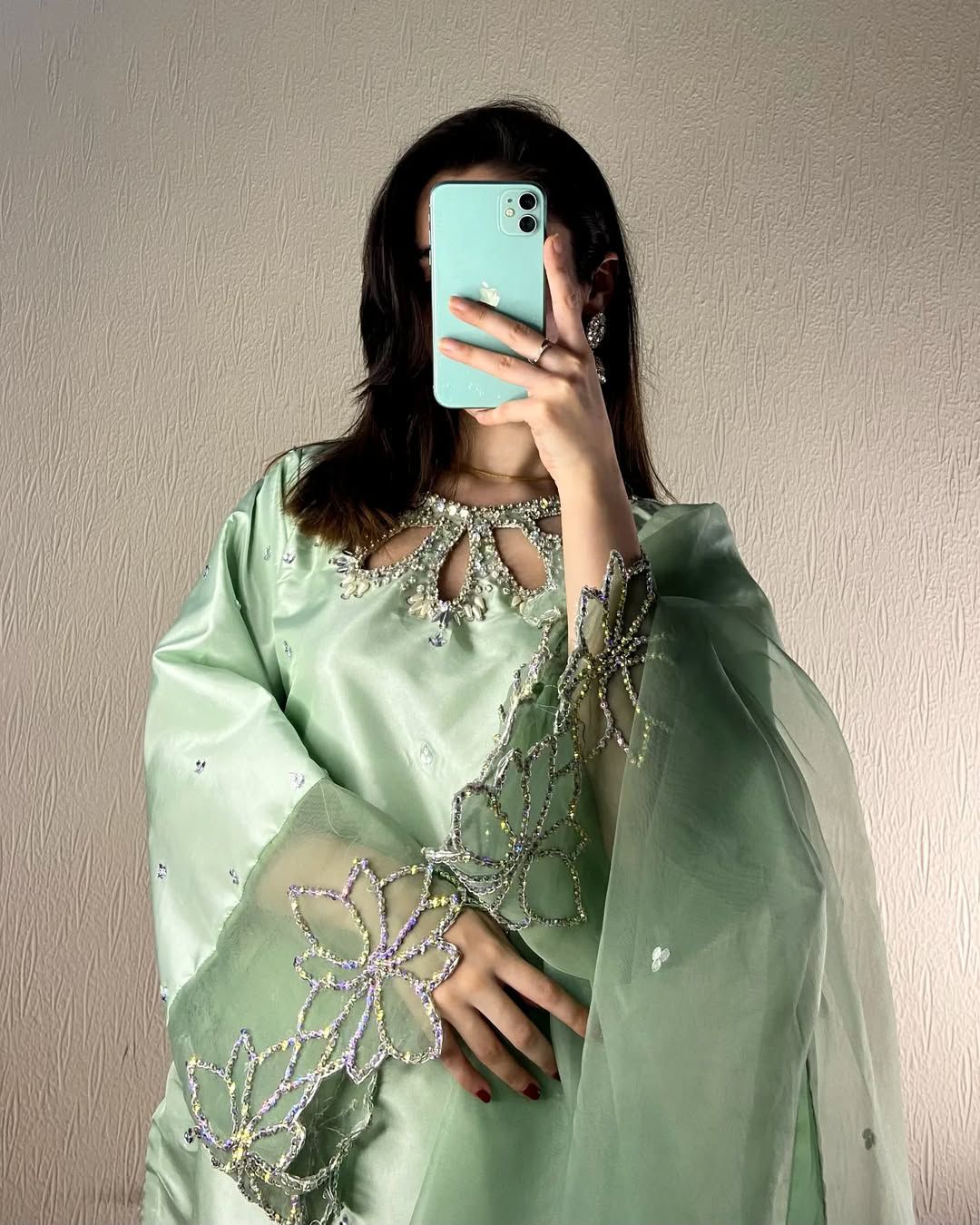 Pista Green Excluslve Three Piece Suit In Beads Work On Kurti ,Plain Pant With Organza Dupatta