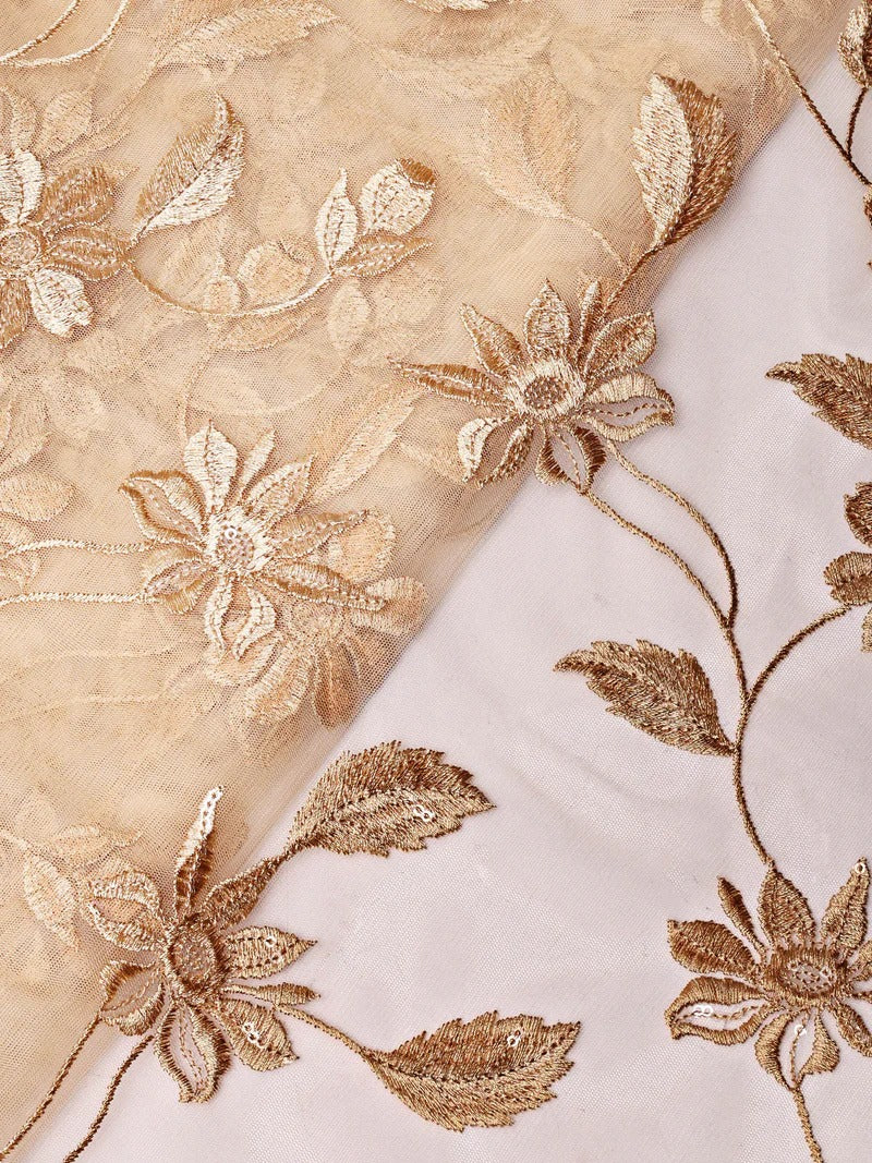 AIzaSyBcstauz-XMPRhEY21AUzeo032pxrXB5Ug - Beige Thread With Water Sequins Floral Embroidery On Beige Soft Net Fabric