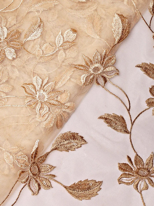 AIzaSyBcstauz-XMPRhEY21AUzeo032pxrXB5Ug - Beige Thread With Water Sequins Floral Embroidery On Beige Soft Net Fabric