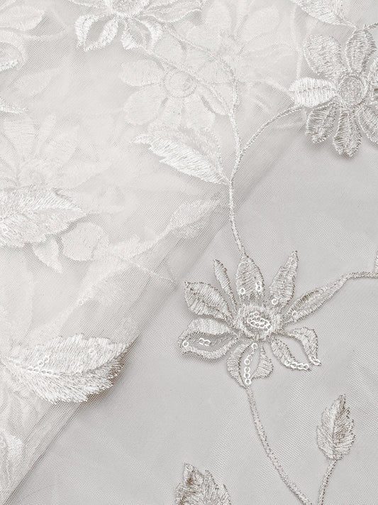 White Thread With Water Sequins Floral Embroidery On White Soft Net Fabric