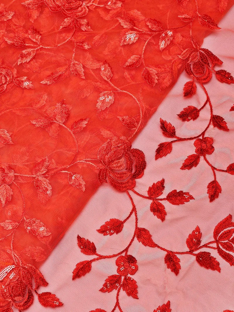 AIzaSyBcstauz-XMPRhEY21AUzeo032pxrXB5Ug - Gorgeous Rust Thread With Sequins Floral Leafy Embroidery On Rust Soft Net Fabric