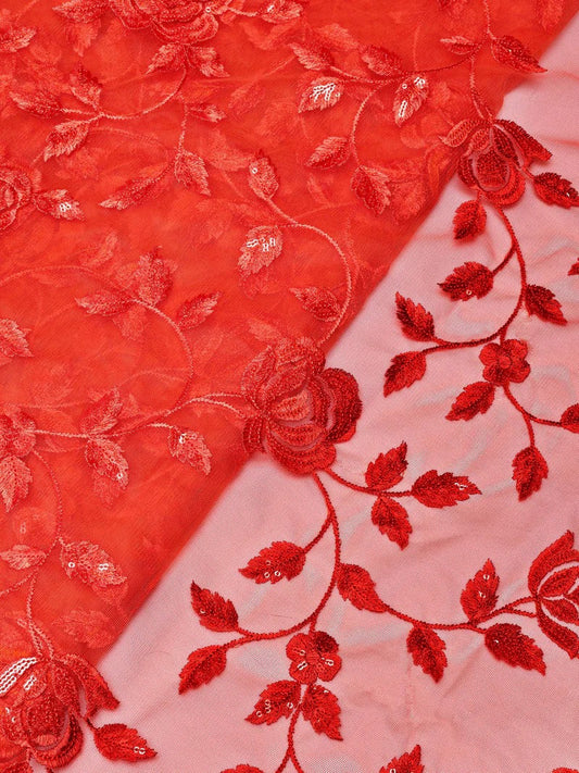 AIzaSyBcstauz-XMPRhEY21AUzeo032pxrXB5Ug - Gorgeous Rust Thread With Sequins Floral Leafy Embroidery On Rust Soft Net Fabric