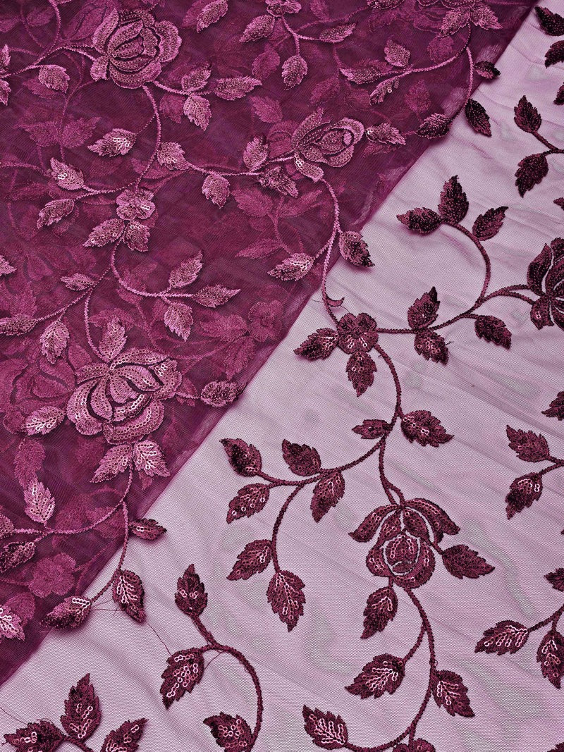 AIzaSyBcstauz-XMPRhEY21AUzeo032pxrXB5Ug - Gorgeous Wine Thread With Sequins Floral Leafy Embroidery On Wine Soft Net Fabric