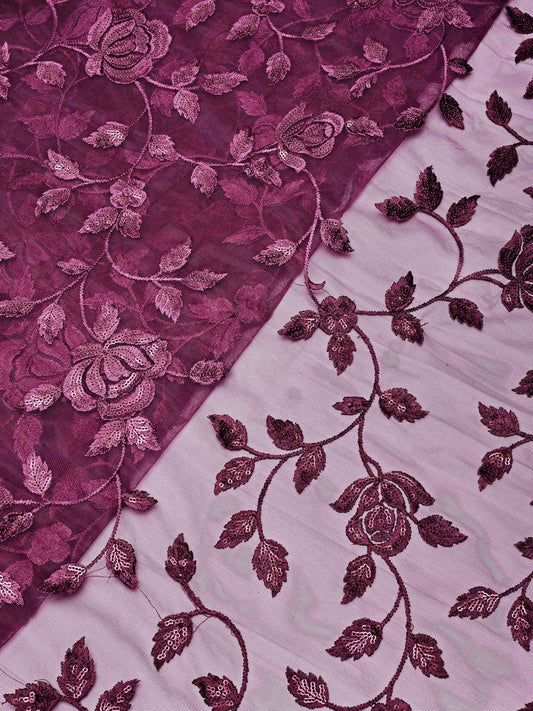 AIzaSyBcstauz-XMPRhEY21AUzeo032pxrXB5Ug - Gorgeous Wine Thread With Sequins Floral Leafy Embroidery On Wine Soft Net Fabric