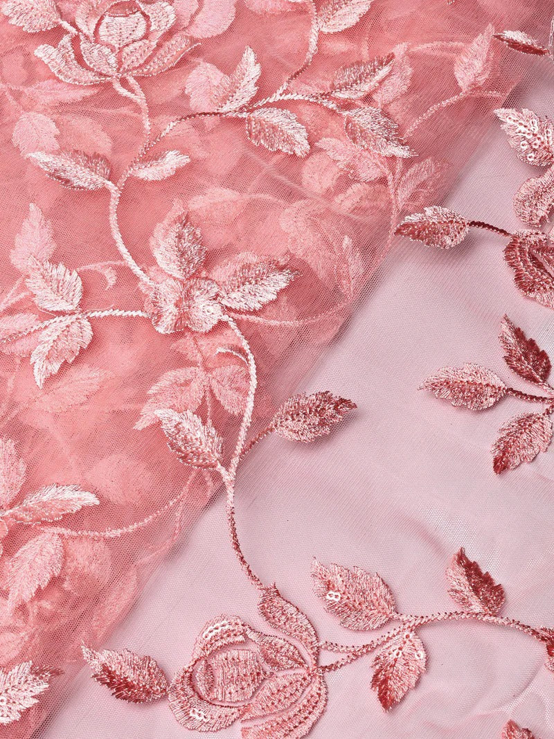 AIzaSyBcstauz-XMPRhEY21AUzeo032pxrXB5Ug - Gorgeous Pink Thread With Sequins Floral Leafy Embroidery On Pink Soft Net Fabric