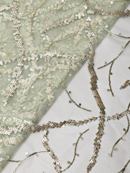 Silver Sequins Geometric Embroidery On Light Olive Soft Net Fabric