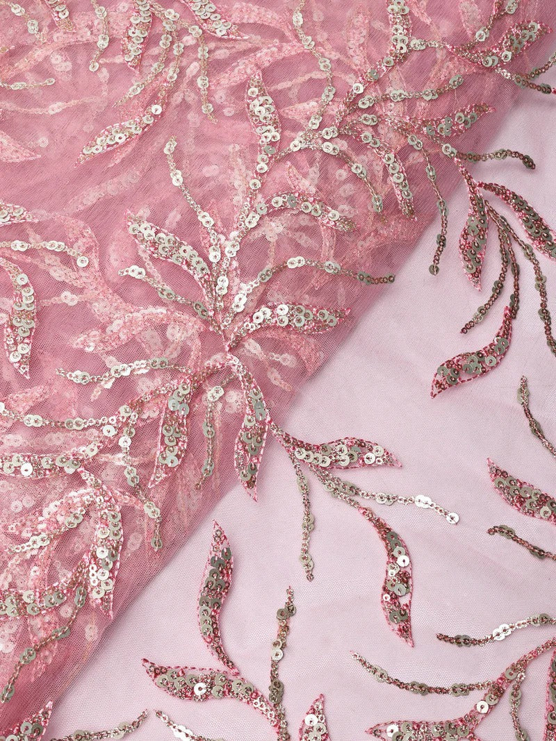 AIzaSyBcstauz-XMPRhEY21AUzeo032pxrXB5Ug - Gold And Silver Sequins Leafy Floral Embroidery On Pink Soft Net Fabric