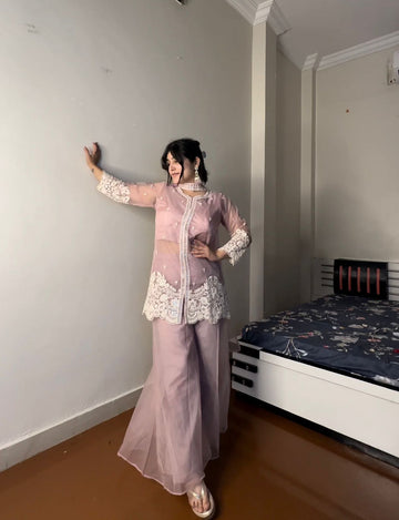 Ineffable Soft Organza Cotton Sequence Work Top, Palazzo & Dupatta