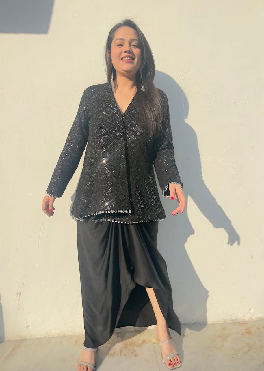 Elegant Chinon Silk Jacket Dhoti Skirt Set – Festive Wear with Mirror Lace