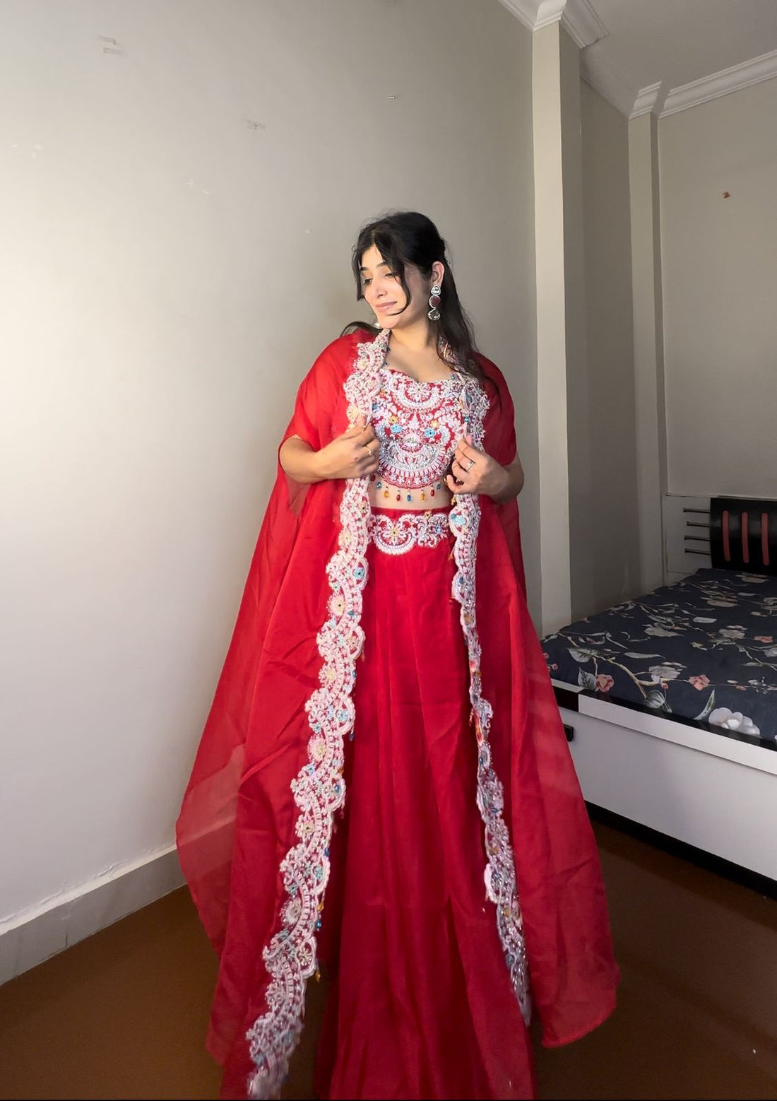 Floral New Three Piece Indo-Western Ready To Wear Draped Plated Dhoti With Blouse,Koti And Belt