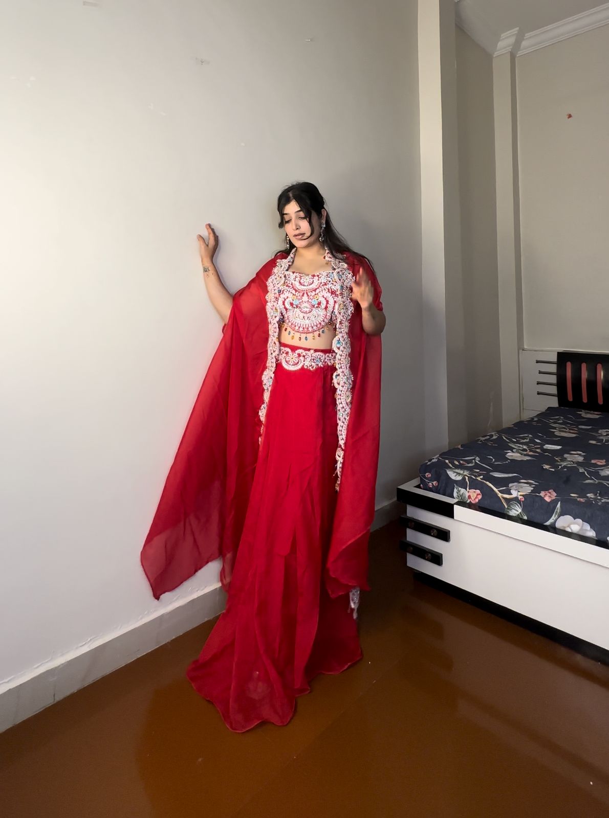 Floral New Three Piece Indo-Western Ready To Wear Draped Plated Dhoti With Blouse,Koti And Belt