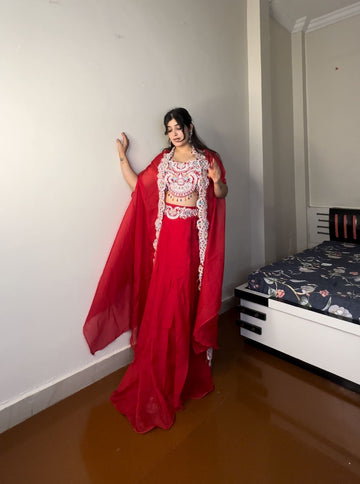 Floral New Three Piece Indo-Western Ready To Wear Draped Plated Dhoti With Blouse,Koti And Belt