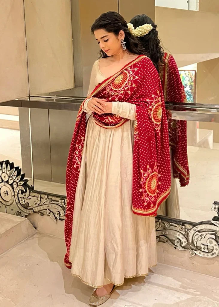 Elegance Gown With A Red Printed Bandhani Dupatta