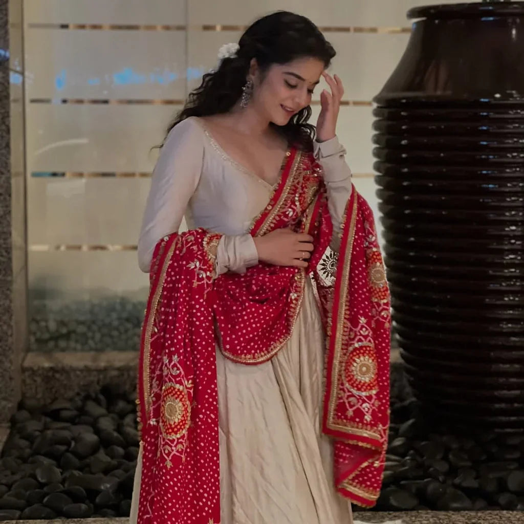 Elegance Gown With A Red Printed Bandhani Dupatta