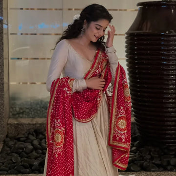 Elegance Gown With A Red Printed Bandhani Dupatta