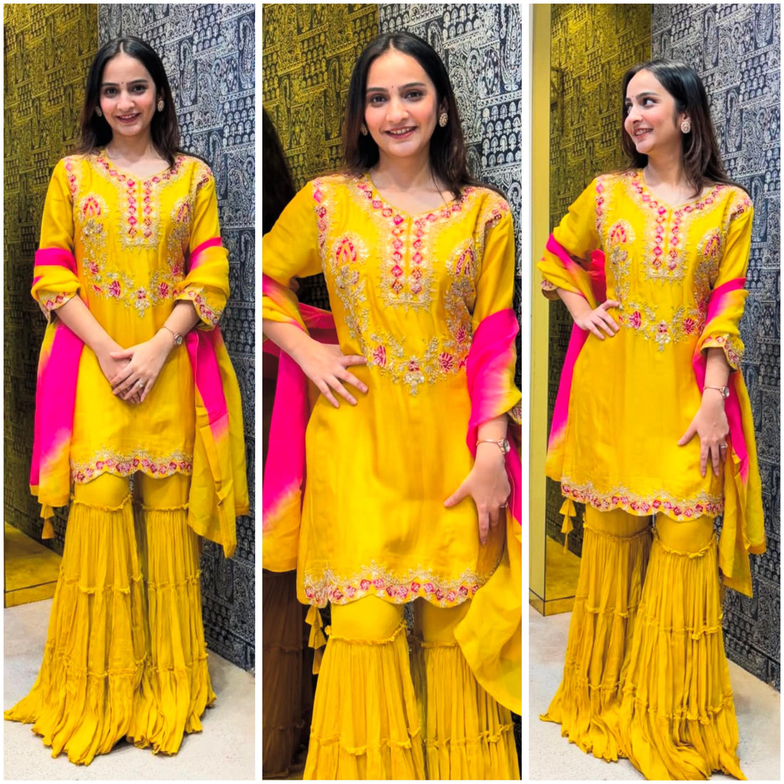 Presenting Yellow Chinon Silk Sarara Set For Function Wear