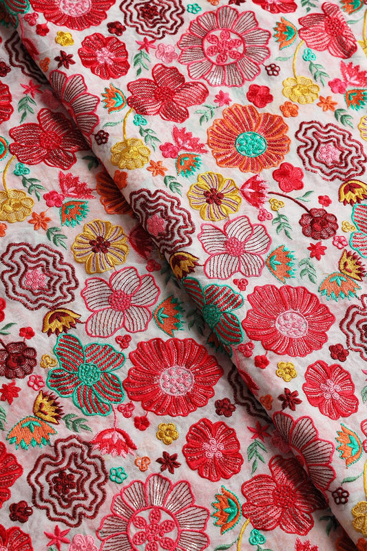 AIzaSyBcstauz-XMPRhEY21AUzeo032pxrXB5Ug - Attractive Multi Color Thread With Sequins Floral Embroidery On White Viscose Georgette Fabric