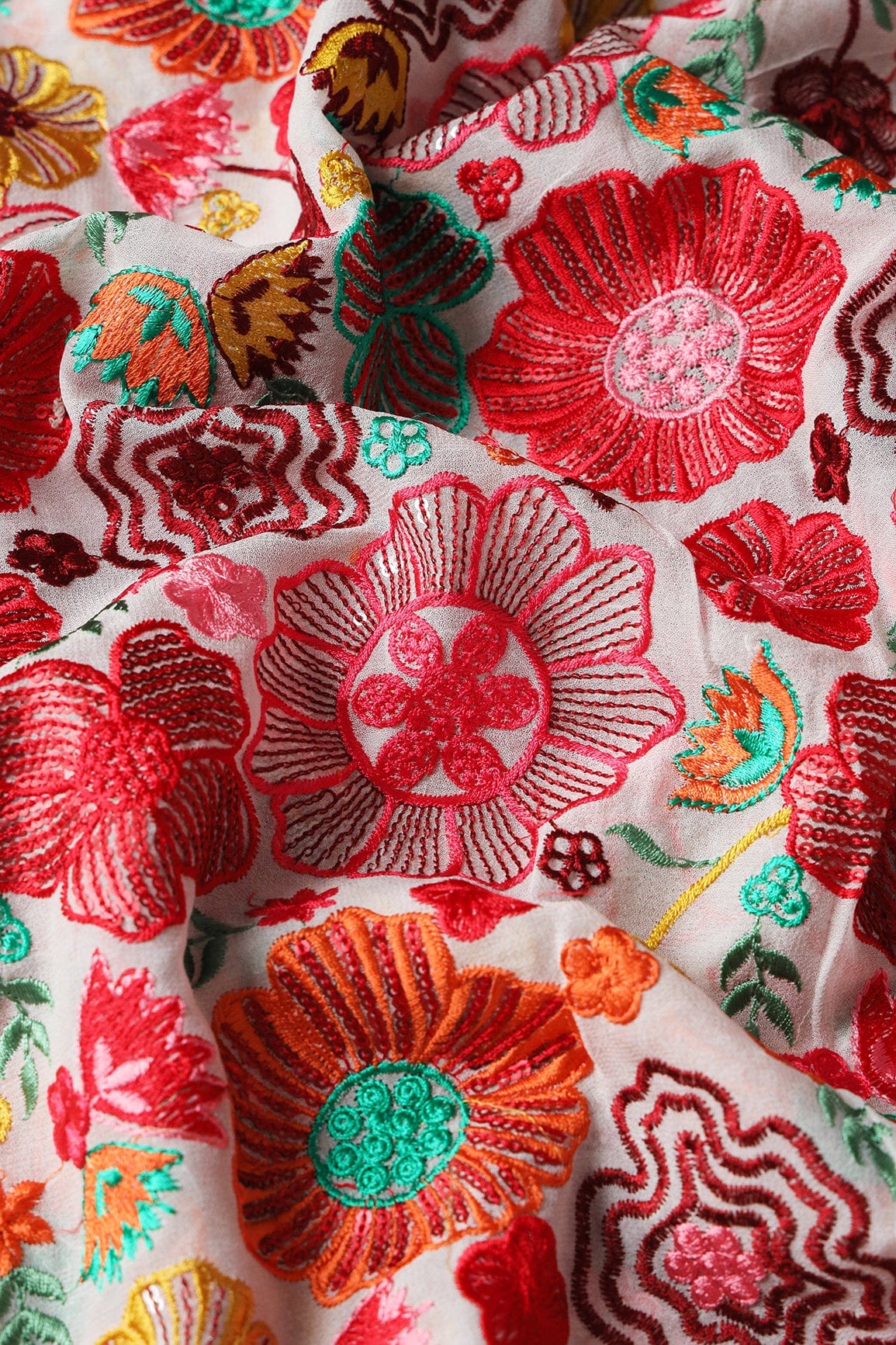 AIzaSyBcstauz-XMPRhEY21AUzeo032pxrXB5Ug - Attractive Multi Color Thread With Sequins Floral Embroidery On White Viscose Georgette Fabric