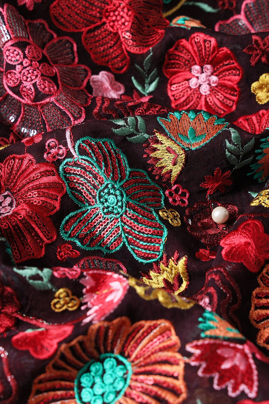 AIzaSyBcstauz-XMPRhEY21AUzeo032pxrXB5Ug - Attractive Multi Color Thread With Sequins Floral Embroidery On Wine Viscose Georgette Fabric