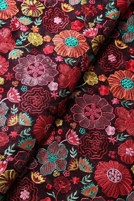 AIzaSyBcstauz-XMPRhEY21AUzeo032pxrXB5Ug - Attractive Multi Color Thread With Sequins Floral Embroidery On Wine Viscose Georgette Fabric