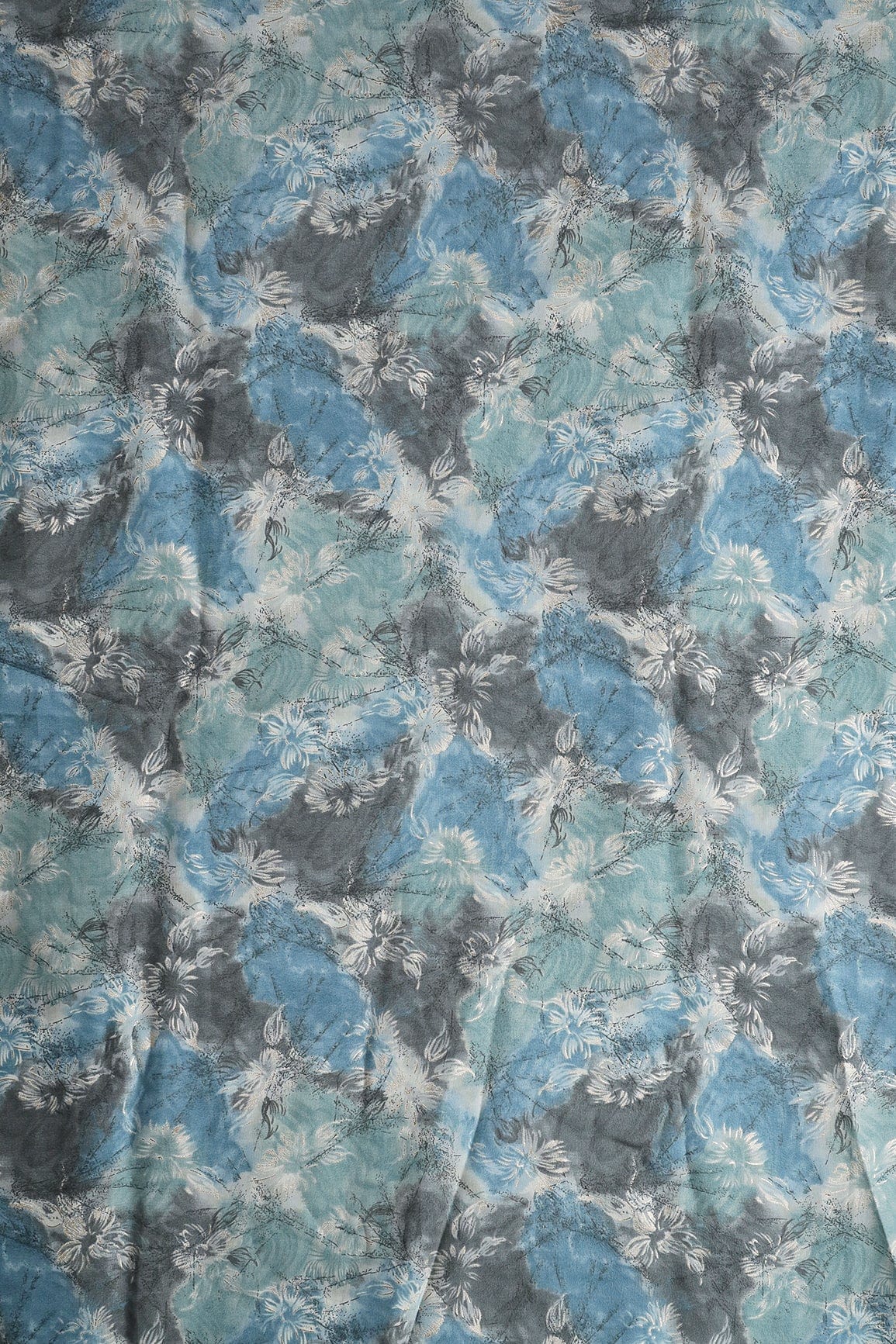 AIzaSyBcstauz-XMPRhEY21AUzeo032pxrXB5Ug - Azure Blue And Cream Floral Foil Print On Viscose Chanderi Silk Fabric