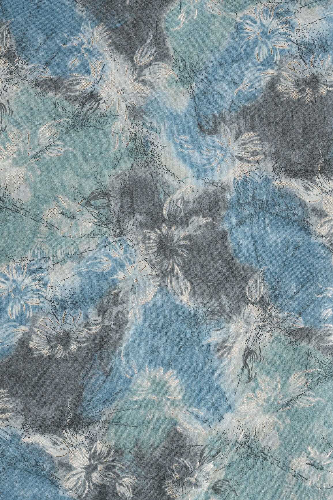 AIzaSyBcstauz-XMPRhEY21AUzeo032pxrXB5Ug - Azure Blue And Cream Floral Foil Print On Viscose Chanderi Silk Fabric