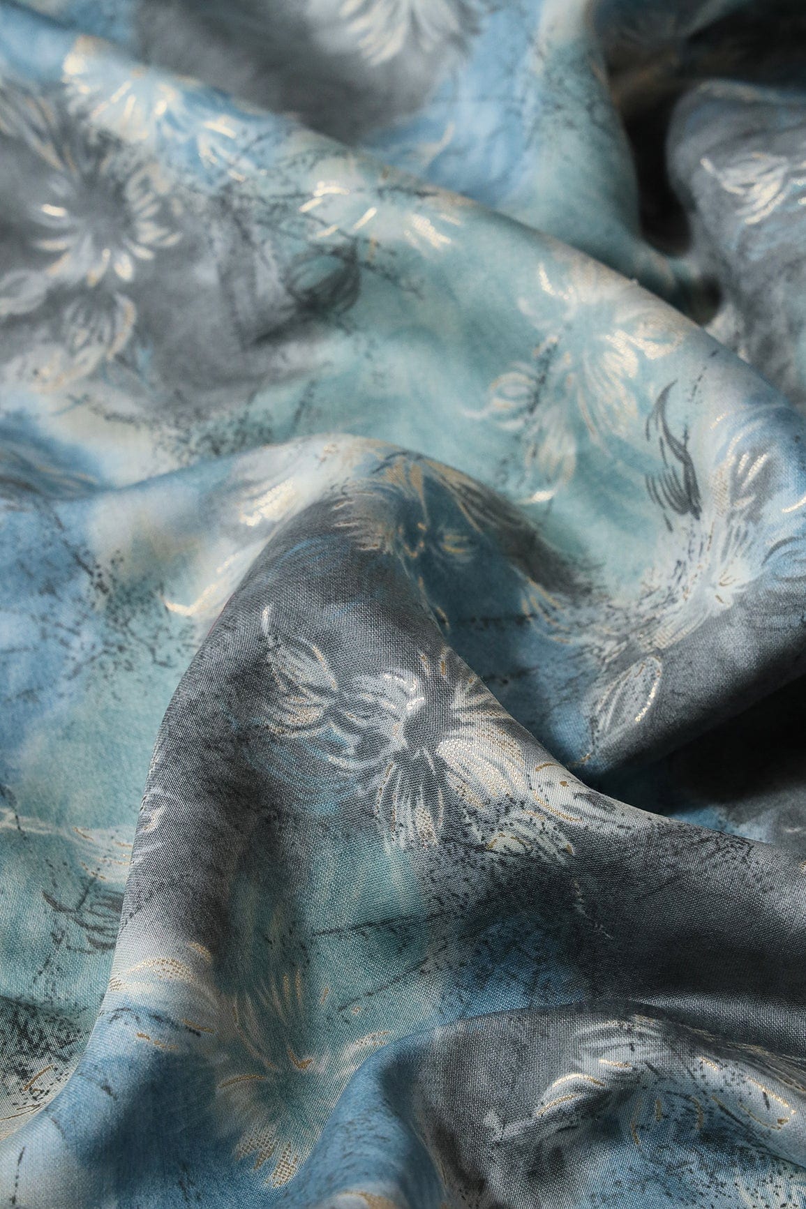 AIzaSyBcstauz-XMPRhEY21AUzeo032pxrXB5Ug - Azure Blue And Cream Floral Foil Print On Viscose Chanderi Silk Fabric