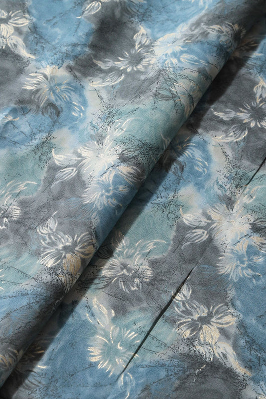 AIzaSyBcstauz-XMPRhEY21AUzeo032pxrXB5Ug - Azure Blue And Cream Floral Foil Print On Viscose Chanderi Silk Fabric