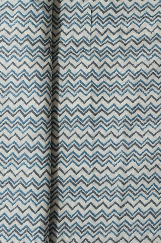AIzaSyBcstauz-XMPRhEY21AUzeo032pxrXB5Ug - Azzure Blue And Grey Chevron Print On Cream Viscose Chanderi Silk Fabric