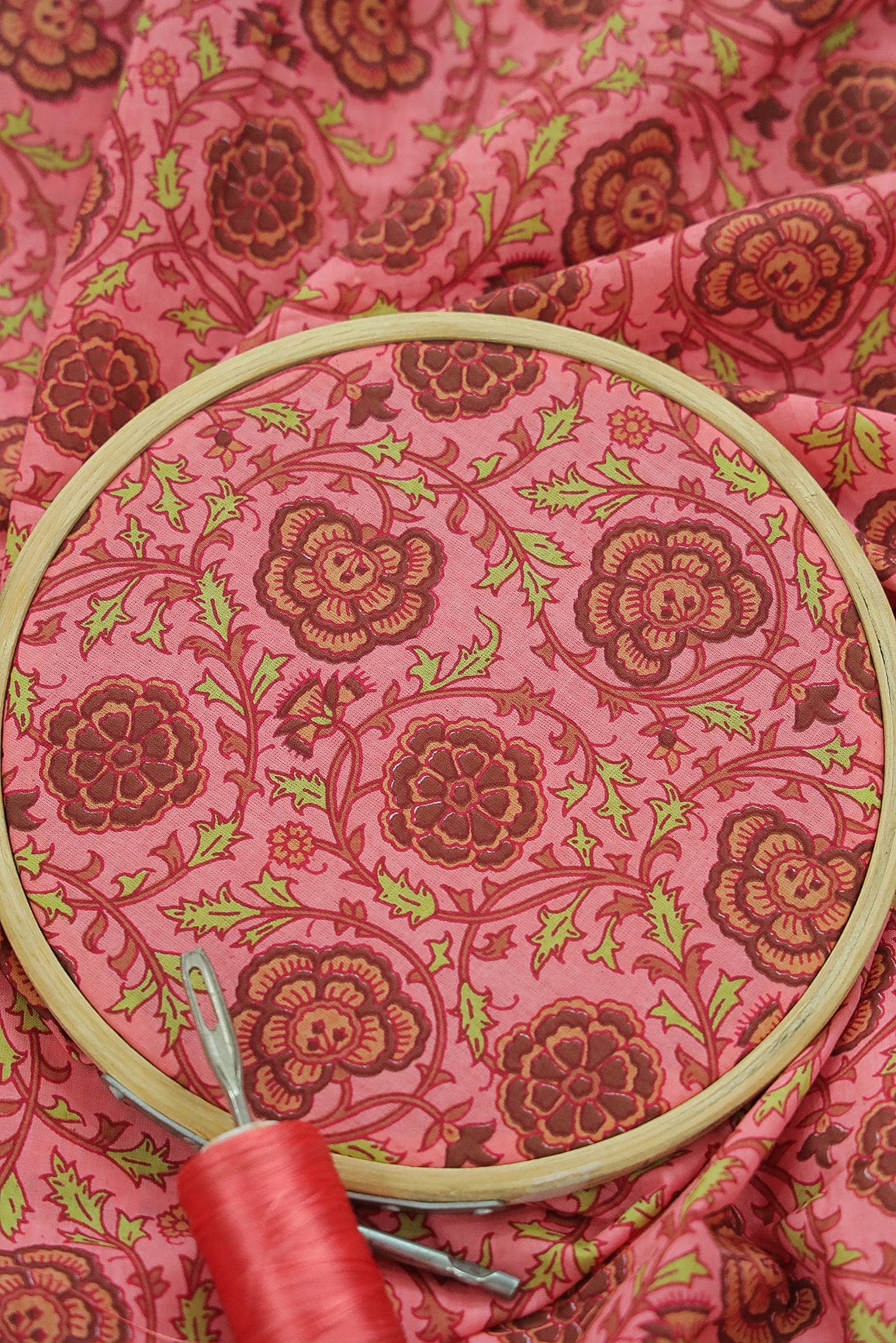 AIzaSyBcstauz-XMPRhEY21AUzeo032pxrXB5Ug - Baby Pink and Pink Floral Screen Print on organic Cotton Fabric