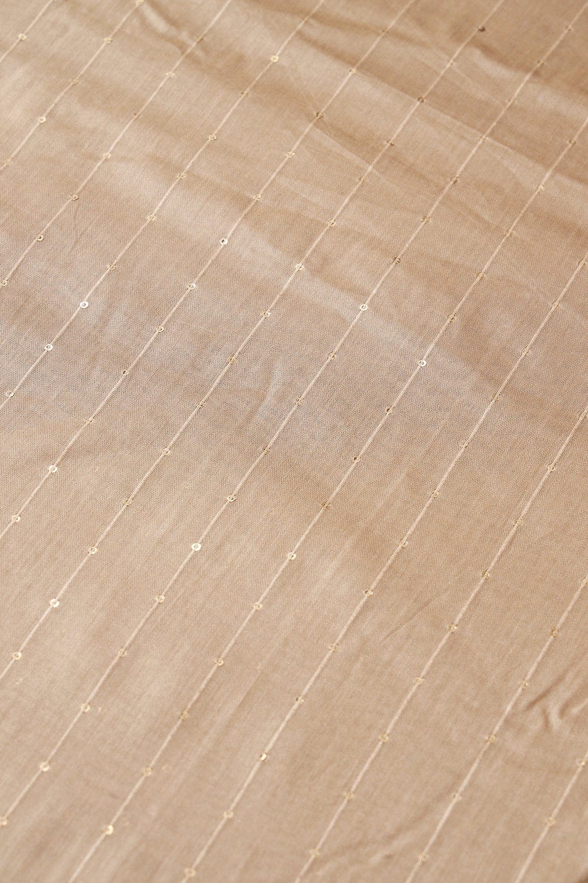 AIzaSyBcstauz-XMPRhEY21AUzeo032pxrXB5Ug - Beautiful Beige Thread With Gold Sequins Stripes Embroidery On Beige Viscose Chanderi Silk Fabric