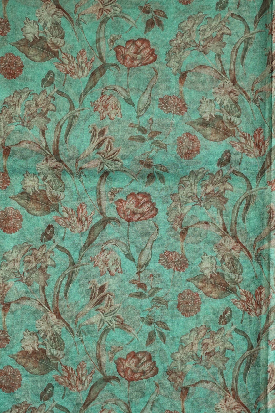 AIzaSyBcstauz-XMPRhEY21AUzeo032pxrXB5Ug - Beautiful Brown Floral Digital Print On Teal Organza Fabric