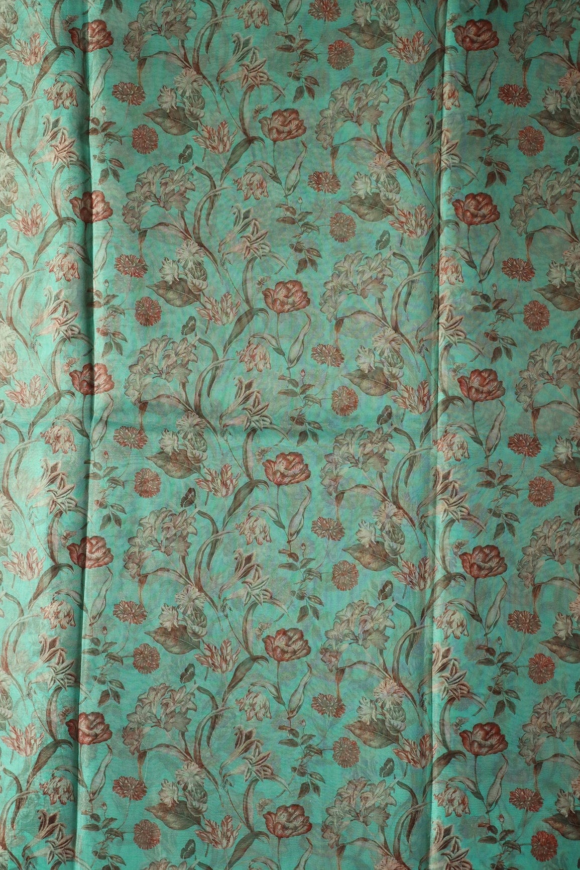 AIzaSyBcstauz-XMPRhEY21AUzeo032pxrXB5Ug - Beautiful Brown Floral Digital Print On Teal Organza Fabric