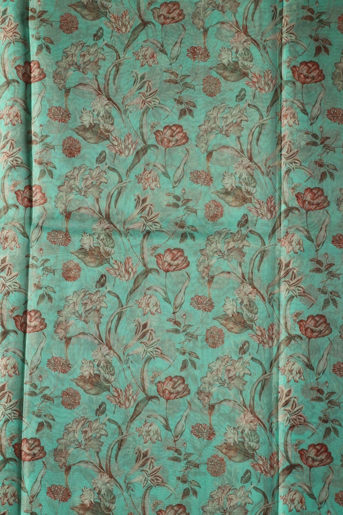 AIzaSyBcstauz-XMPRhEY21AUzeo032pxrXB5Ug - Beautiful Brown Floral Digital Print On Teal Organza Fabric