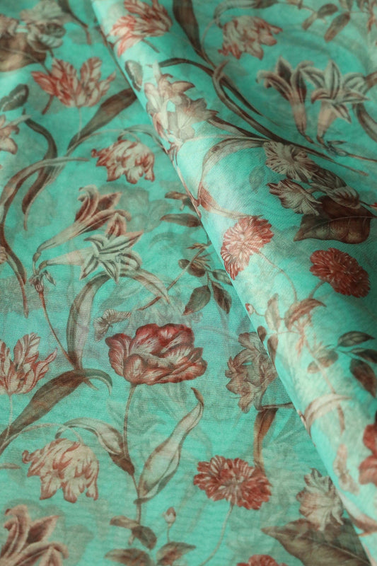 AIzaSyBcstauz-XMPRhEY21AUzeo032pxrXB5Ug - Beautiful Brown Floral Digital Print On Teal Organza Fabric