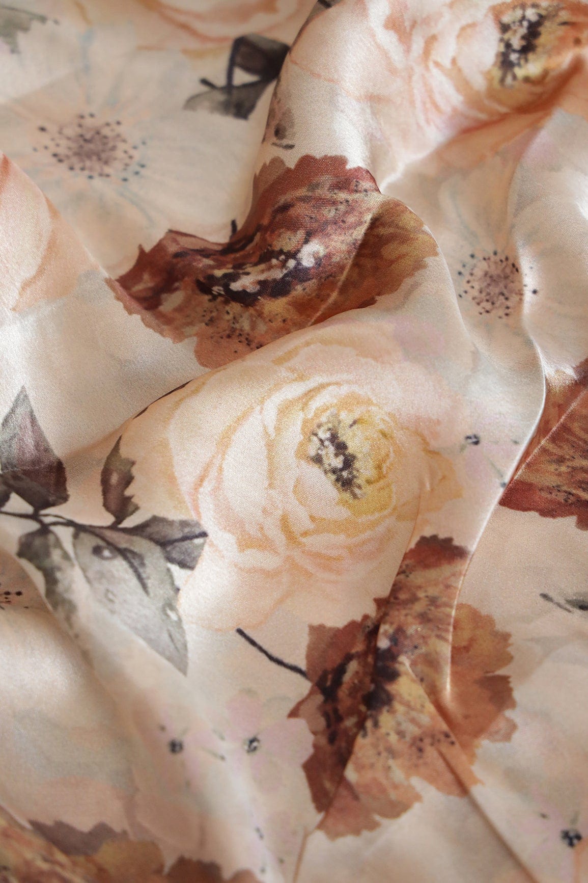 AIzaSyBcstauz-XMPRhEY21AUzeo032pxrXB5Ug - Beautiful Brown Floral Pattern Digital Print On Cream Satin Fabric