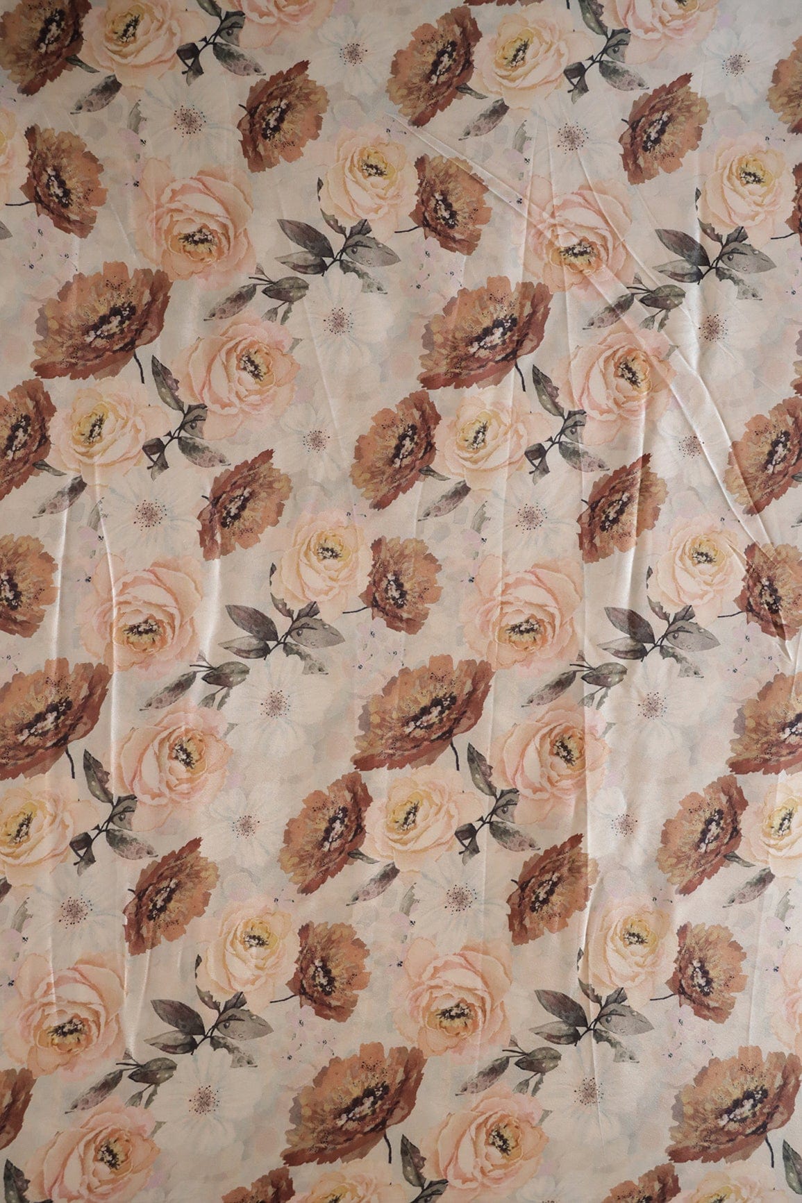 AIzaSyBcstauz-XMPRhEY21AUzeo032pxrXB5Ug - Beautiful Brown Floral Pattern Digital Print On Cream Satin Fabric