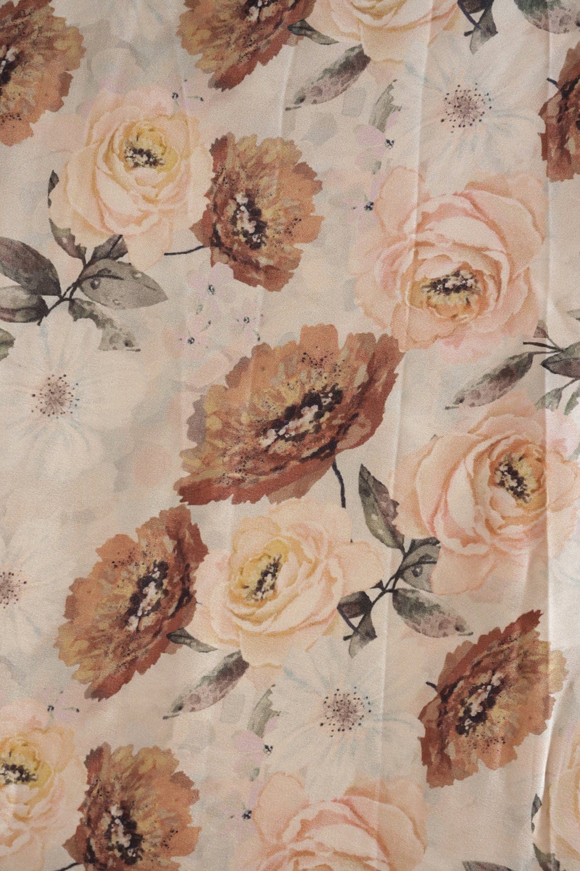 AIzaSyBcstauz-XMPRhEY21AUzeo032pxrXB5Ug - Beautiful Brown Floral Pattern Digital Print On Cream Satin Fabric