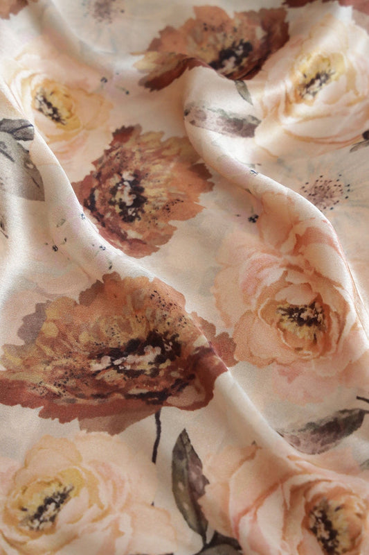 AIzaSyBcstauz-XMPRhEY21AUzeo032pxrXB5Ug - Beautiful Brown Floral Pattern Digital Print On Cream Satin Fabric