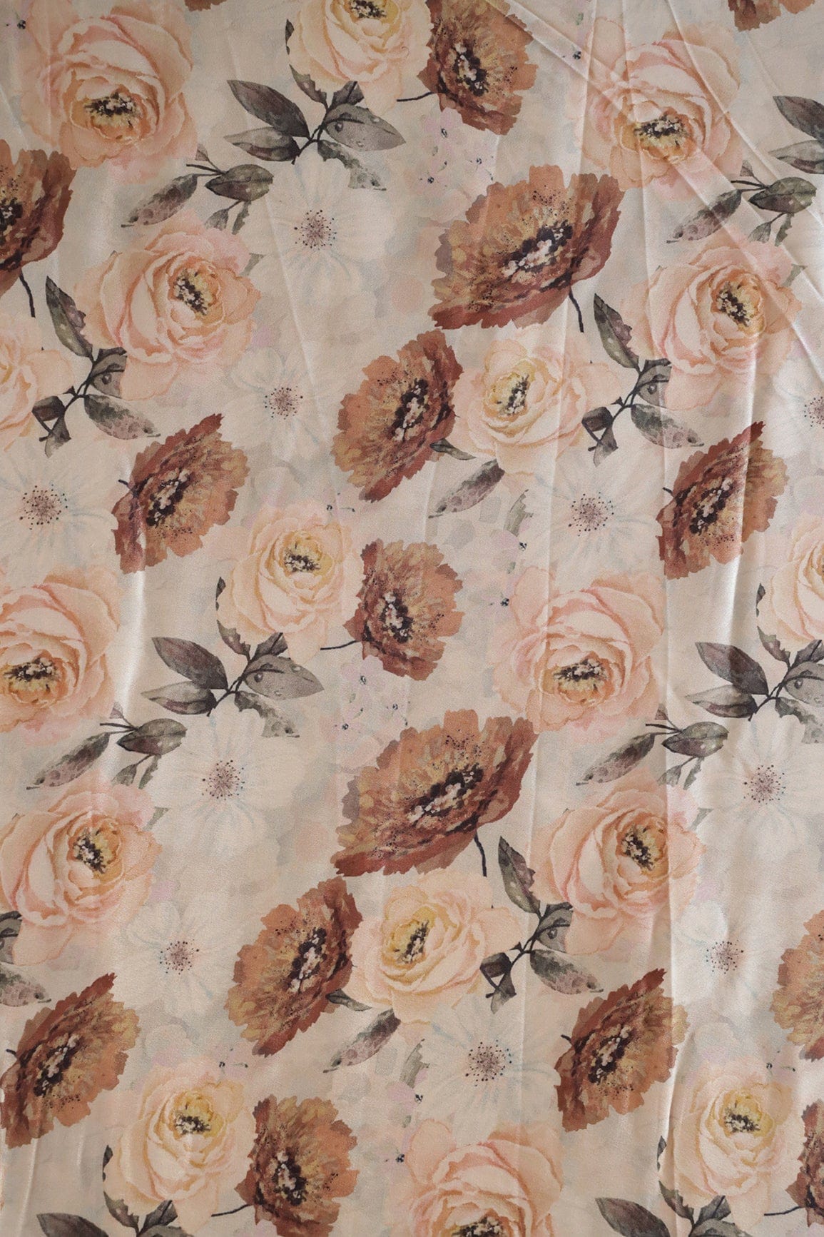 AIzaSyBcstauz-XMPRhEY21AUzeo032pxrXB5Ug - Beautiful Brown Floral Pattern Digital Print On Cream Satin Fabric