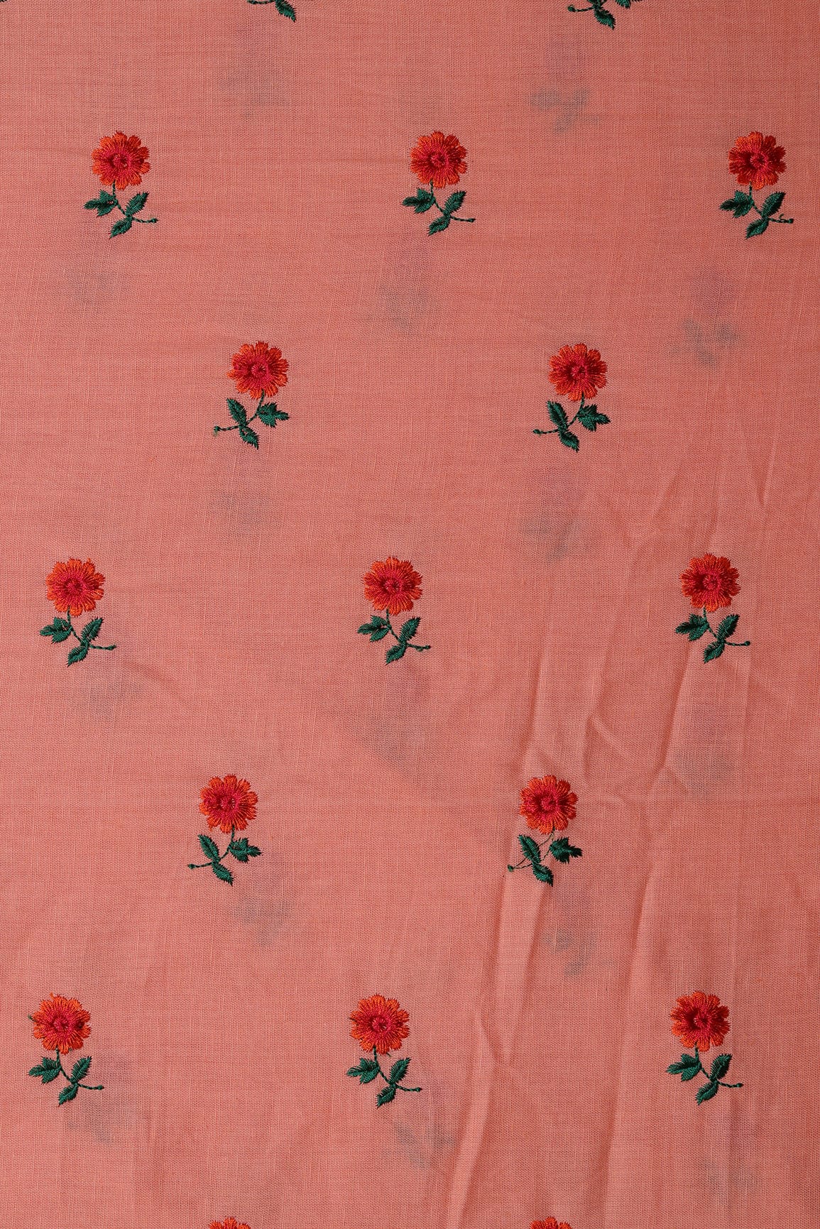 AIzaSyBcstauz-XMPRhEY21AUzeo032pxrXB5Ug - Beautiful Dark Orange And Green Floral Embroidery Work On Peach Pure Cotton Fabric