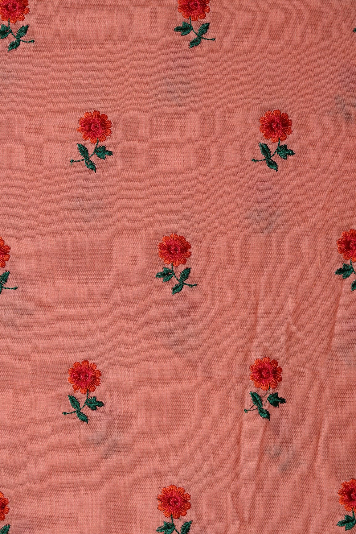 AIzaSyBcstauz-XMPRhEY21AUzeo032pxrXB5Ug - Beautiful Dark Orange And Green Floral Embroidery Work On Peach Pure Cotton Fabric
