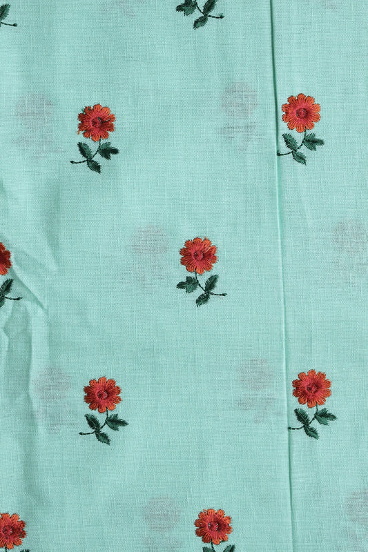 AIzaSyBcstauz-XMPRhEY21AUzeo032pxrXB5Ug - Beautiful Dark Orange And Green Floral Embroidery Work On Sea Green Pure Cotton Fabric